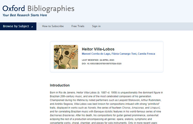 Heitor Villa-Lobos, o novo verbete da Oxford Bibliographies in Music